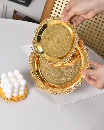 Round Decorative Tray 7.9in Metal Dessert Plates Vintage Coffee Table Tray for Snacks Fruit Gold - color: Gold, size: 7.9"