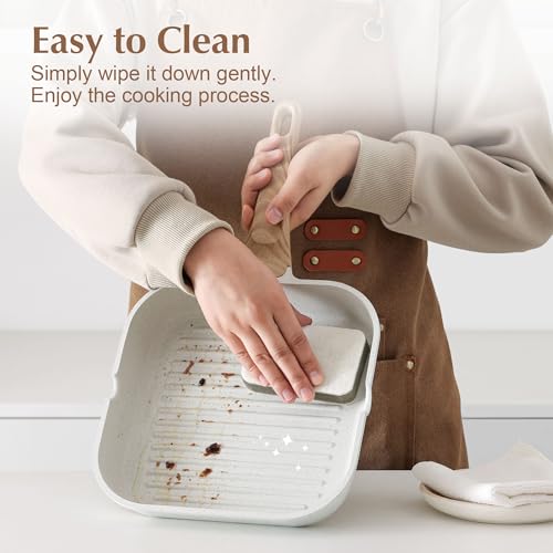 SENSARTE Nonstick Ceramic Grill Pan with Lid, Grill Pan for Stove Tops, Square Grilling Pan with Pour Spouts, Durable Grill Skillet for All Stoves, Steak Bacon Pan, Non Toxic PTFE,PFAS,PFOA Free - color: White Ceramic, size: 11 Inch