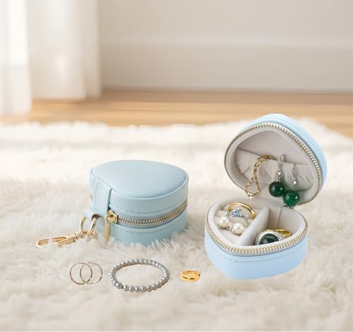 Heart Shaped Jewelry Travel Case, Portable Ring Holder & Organizer with Keychain, Premium Wedding Travel Gift Box for Women - color: Blue