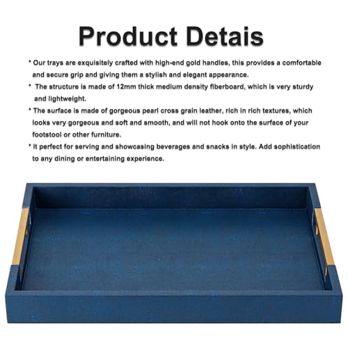Navy Blue Faux Leather Serving Tray with Handles – Large Decorative Tray for Coffee Table, Ottoman, Living Room, Bathroom – Home Decor - color: Blue, size: 20" x 14" x 2"
