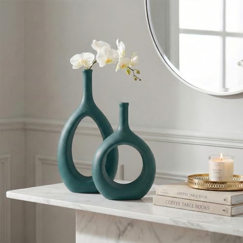 Green Ceramic Hollow Elliptical Vase Set of 2 - Boho Circle Vase with Hole, for Modern Green Table Decor, Living Room Decor Shelf mid Century Modern Home Entrance Decorative vase - color: Green