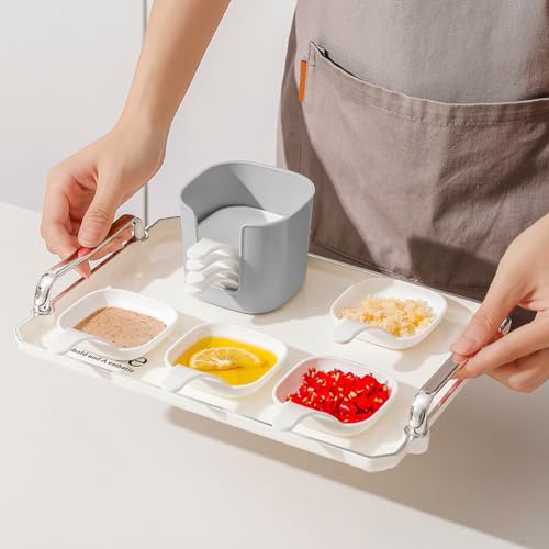 6Pcs Plastic Dipping Dish with Storage Box Mini Home Kitchen Seasoning Sauce Dishes Bowls Plate Dish Serving Tray for Sampling and Dipping Restaurant Home Party Use, White+Grey