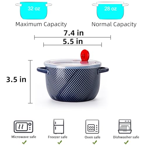Ceramic Soup Bowl with Lid & Handle, Microwave Safe 32 oz, Navy - color: Navy, size: 1 pcs