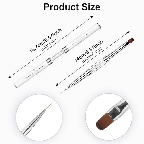 2Pcs Professional Hard Gel Nail Brushes, Dual-Ended Builder Gel Brush Set with Rhinestone Handle, Oval & Liner Brushes for French Tip, Acrylic & Polygel Application