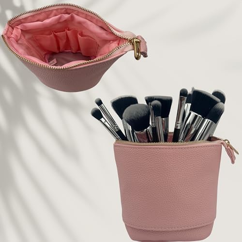 JAZD Travel Makeup Brush Bag Standup Brush Holder Portable Convertible Make up Brush Pouch Cosmetic Case (PINK) - color: PINK