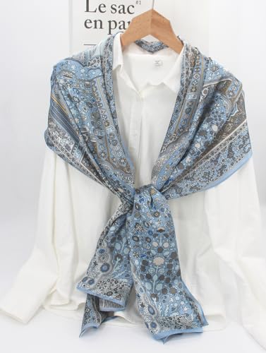 ANDANTINO 100% Silk Long Scarf-Women Large Oblong Shawls with Gift Packed - color: Pale Blue Flowers