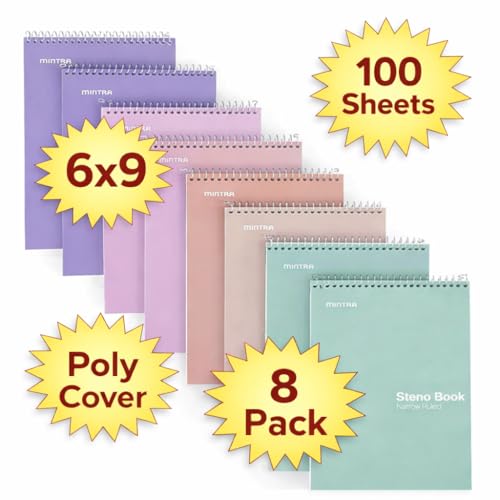 Mintra Office Steno Books Set - Top-Spiral Bound, Narrow Ruled, 100 White Tint Sheets, Pastel Covered Notebooks for Office & School, Colorful Lavender, Sage, Salmon, Spring Pink,6"x9", 8 Pack - color: Pastel 8pk, size: Narrow Ruled