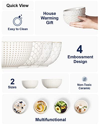 LE TAUCI Cereal bowls 26 oz, Ceramic Soup Bowl for Kitchen, Embossment Stoneware Bowl for Pho, Chip, Fruits, Salad, Noodle, Ramen, Suit For Housewarming - 6 Inch, Set of 4, Arctic white - size: 6 INCH