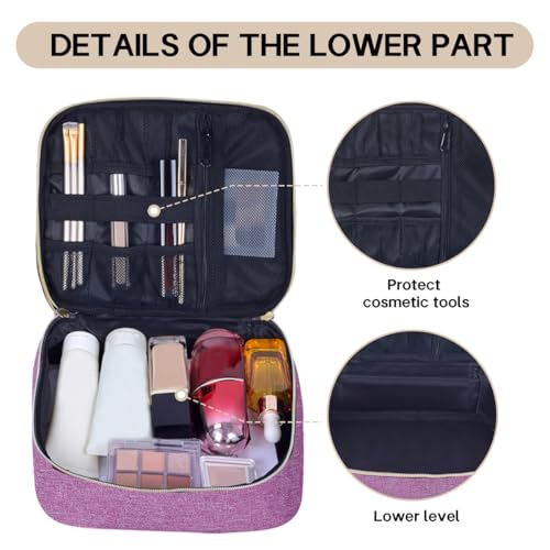 Double Layer Makeup Bag with Adjustable Dividers, Purple - color: Purple