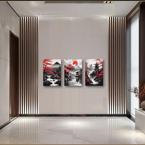 PBXBJY Japanese Canvas Wall Art 3 Pieces Japanese Landscape Painting Prints Red and Black Cherry Blossom Trees Building Pictures Living Room Office Decor Frame (16x24inchx3Pcs) - color: Black, size: 16x24inchx3Pcs