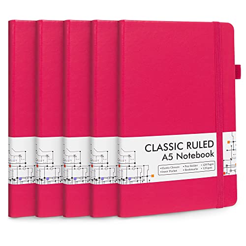 feela 5 Pack Notebooks Journals Bulk, Hardcover Notebook Classic Ruled Lined Journals with Pen Holder for Women Girls School Business Supplies, with 5 Black Pens, 120 GSM, 5.1”x8.3”, A5, Berry - color: 5 Pack berry