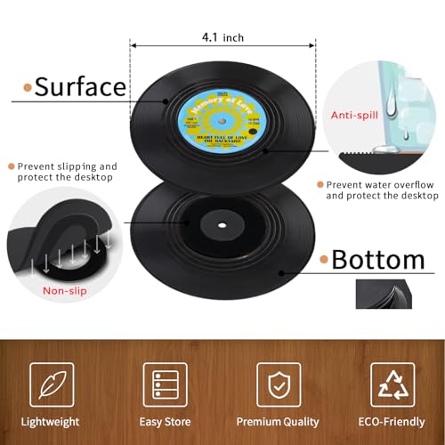Funny Retro Record Coasters for Drinks with Vinyl Player Holder for Music Lovers,Set of 6 Conversation Piece Sayings Drink Coaster,Housewarming Hostess Wedding Registry Gift Ideas - style: A001