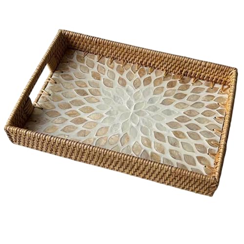 Handmade Mother of Pearl Rattan Serving Tray with Handles 13" x 9" Natural Shell Mosaic Pattern Ottoman Tray for Storage and Display of Coffee Bread Food Fruit (Gold Leaf) - color: Gold Leaf