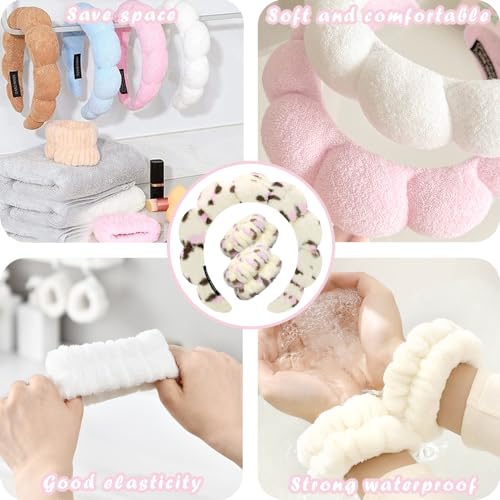 Tetizo Spa Headbands for Washing Face Wristband Set Sponge Makeup Skincare Headband Wrist Towels Bubble Soft Terry Towel Cloth Hairband for Women Puffy Headwear Non Slip Thick Thin Hair Headwear - color: Leopard Pink