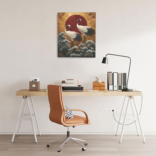 Japanese Crane Wall Art Gold Oriental Asian Wall Decor Sandhill Crane Canvas Pictures Paintings Prints Japan Traditional Aesthetic Artwork Framed Chinese Decorations For Bedroom Living Room Office Gifts 20" x 24" - color: Gold Crane, size: 24"L x 20"W