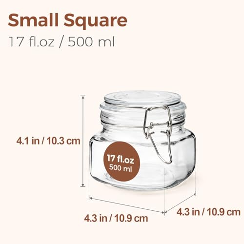 ComSaf Square Small 17 oz Glass Jars with Airtight Lids 6 Pack Wide Mouth - size: 17 fl oz x 6