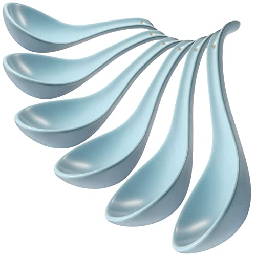 Blue Ceramic Soup Spoons Set of 6, 6.75 Inch Ramen Spoons for Chinese, Pho, Cereal, Noodles, Stews, Wonton, Dumpling, Miso - Deep Oval Hook Design, Dishwasher Safe - size: 6.75 inch - Blue