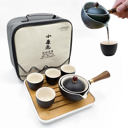 LURRIER Porcelain Chinese Gongfu Tea Set,Portable Teapot Set with 360 Rotation Tea maker and Infuser,Portable All in One Gift Bag for Travel,Home,Gifting,Outdoor and Office (Black) - color: Black