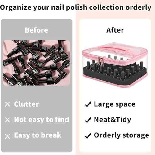 Beloving Clear Nail Polish Organizer Holds 30 Bottles PVC Nail Polish Case See-Through Nail Supplies with Manicure Tools Storage Sections, Portable Travel Nail Tech Carrying Bag for Storage Display - color: 1.Pink