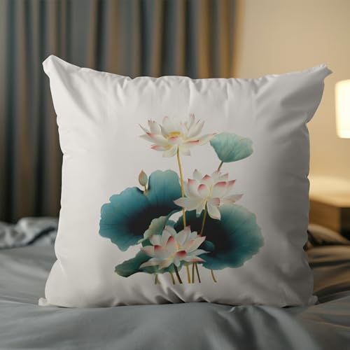 Lotus Flower Pillow Cover 18 x 18 Inches, Teal Leaf Zen Decor - color: Teal Lotus