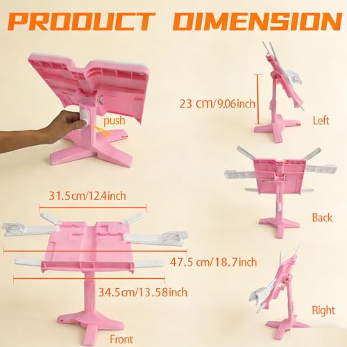 Book Stand for Desk, Kids Book Stand Adjustable Shelf Thick Base Foldable Riser Holder, Portable Desktop with Elastic Page Clips Gift for Children (Pink) - color: Pink