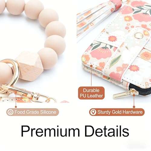 Flower Keychain Wristlet Wallet for Women, Cute Silicone Beaded Credit Card Holder Key Ring Bracelet Wallet - color: C-khaki