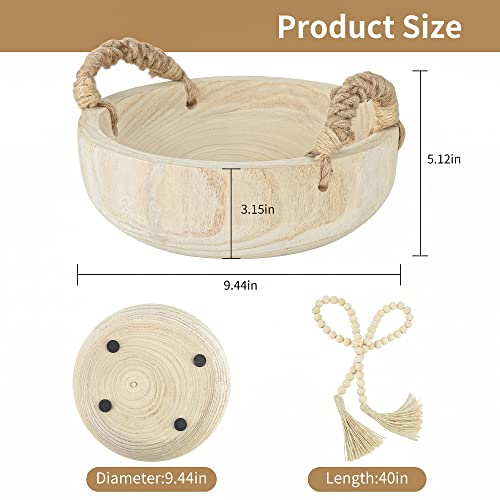 Paulownia Wood Bowl Rustic Wooden Dough Decorative Round Serving Key Bowl with Rope Handle and Wood Bead Garland for Christmas Tabletop Centerpiece Home Decor 9.5 inches