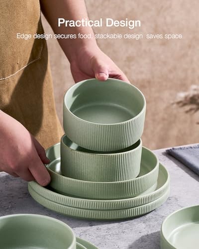 Famiware Star Stoneware Dinnerware Sets for 8, Reactive Glaze Plates, Bowls - color: Matte Sage Green