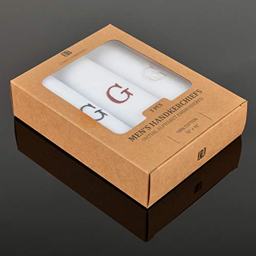 Initial Handkerchief for Men, Monogrammed Boxed 3 Piece Set,100% Cotton - color: G Initial