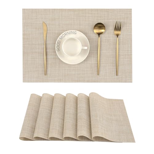 Leetaltree Woven Vinyl Beige Placemats Set of 6 - Linen Look & Easy to Clean - color: Beige, size: Set of 6