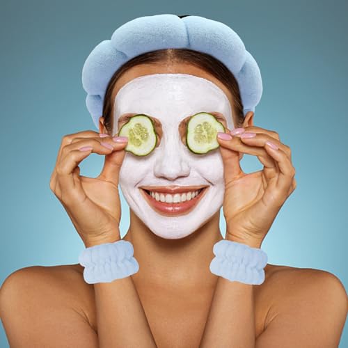 Blue Skincare Bubble headband and wristband set for Face Washing - color: Blue