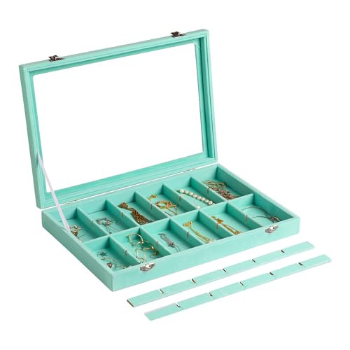 Frebeauty 24 Grid Earring Organizer,Velvet Jewelry Tray with Clear Lid - color: Turquoise, size: 24 Grid