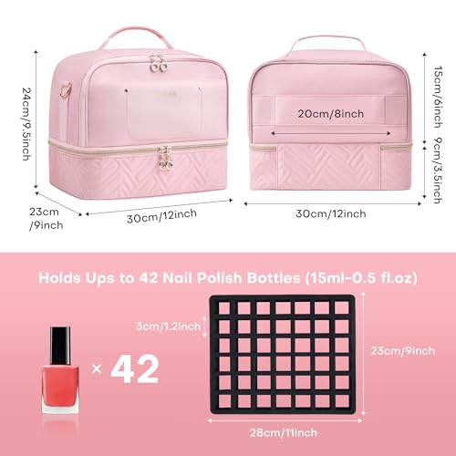 Leudes Nail Bag Polish Organizer Case Holds 42 Bottles & Gel Lamp - color: Pink