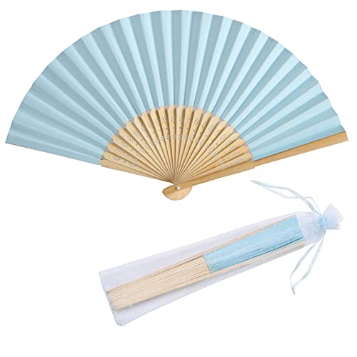 50pcs Paper Hand Fan with Organza Bags Bamboo Handheld Folding Fan DIY Decorative Wedding Party Favors (Light Blue) - color: Light Blue