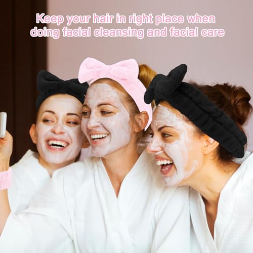 CIEHER 12 PCS Black & Pink Makeup Headband for Women Wrist Washband Scrunchies Cuffs for Washing Face, Soft Bow Hair Band Matching Wristbands - color: Black, Pink