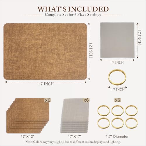 Placemats Set of 6 with Napkins and Rings - Washable Faux Leather Table Mat - color: Brown, size: Placemats Set of 6
