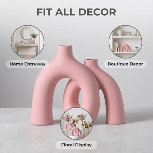 CEMABT Modern Nordic Boho Vase Set - Elegant Pink Matte Ceramic Home Decor for Living Room, Bookshelf, Mantel, Entryway Table & Console Décor | Shelf Decorations Easter Gift - color: Pink-1
