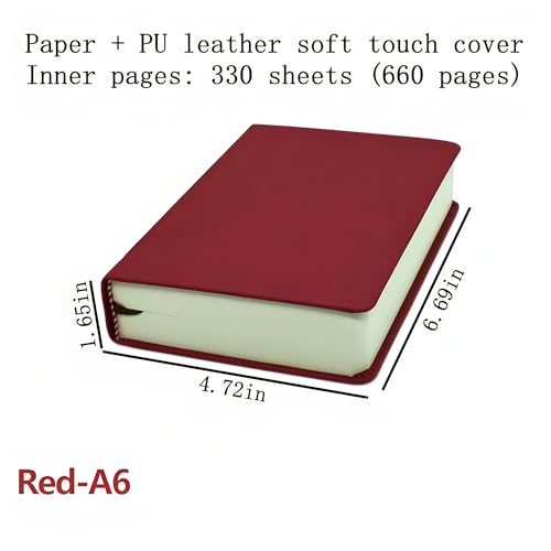 jooact Thick Sketchbook 660 Pages Notebook Soft Faux Leather Cover Journal 80GSM Paper Notepad Drawing Book Memo Writing Sketch Pad Diary Notebook - color: Red, size: A6