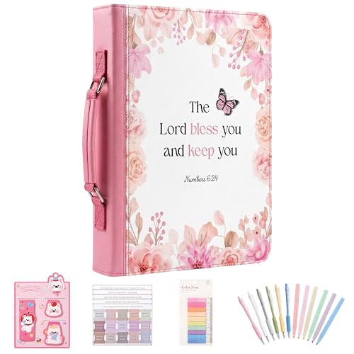 Large Bible Cover Case for Women - Faux Leather Bible Study Organizer Bag with Complete Journaling Kit & Accessories, Pink Floral with Zipper Closure
