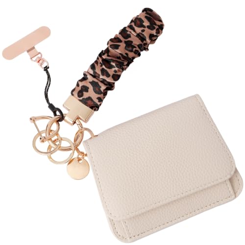 Scrunchie Wristlet Keychain Gift Set for Women with Small RFID Wallet Keychain, Stretchy Key chain with Phone Tether Tab - color: Leopard Print