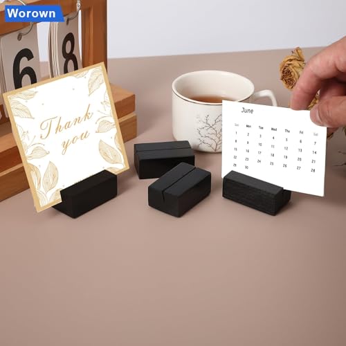 Worown 12 Pcs Mini Wooden Place Card Holders, Small Wooden Table Number Stands, Name, Price Tags Stands for Party Buffet, Wedding, Cafe Bar, Dining Room ( Black-Includes Adhesive Stickers) - color: Black
