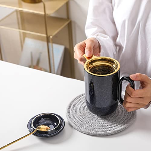 Ceramic Tea Cup Mug Infuser - VICRAYS Large 16 oz Hot Loose Steeping Handle Teacup with Leaf Infuser Spoon Lid - Blue Tall Glazed Strainer Coffee Mug Microwave Safe - Blue - color: Blue