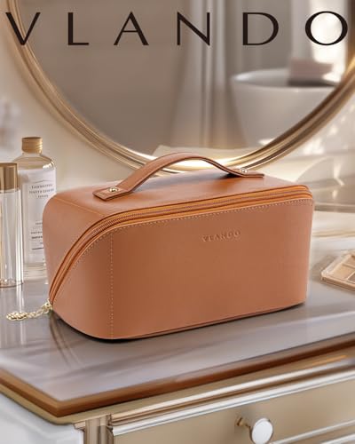 VLANDO Makeup Bag for Women with Open Flat Layout,Zipped TPU Pocket,Brown - color: 02.Brown