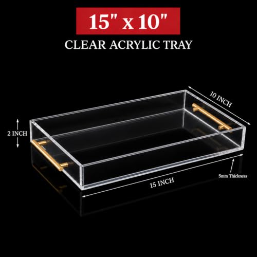 Clear Acrylic Tray 15x10” with Golden Metal Handles - Large Plastic Tray for Serving Guests, Countertop Organization, Ottoman Coffee Table & Vanity – Modern Decorative Tray for Home & Office - color: Golden Handles - Transparent, size: 15" x 10" x 2"
