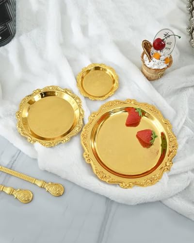 Round Decorative Tray 3.9in Metal Dessert Plates Vintage Coffee Table Tray for Snacks Fruit Gold - color: Gold, size: 3.9in