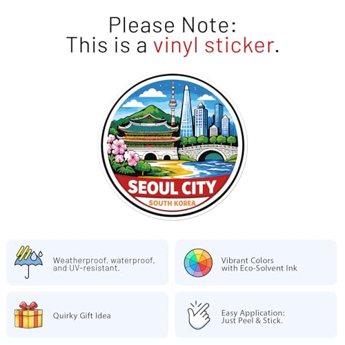 Cartoon Style South Korea Seoul City Sticker - Waterproof Outdoor Vinyl Decal, 3 Inch - color: Cartoon Style South Korea Seoul City, size: 3'' longer side