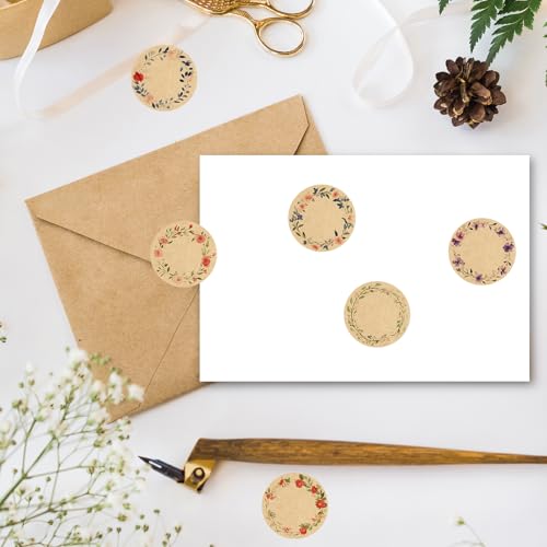 Whaline 500 Pcs Spring Kraft Label Stickers Roll Tag Stickers Watercolor Flower Wreath Self-Adhesive Decals for Holiday Invitation Envelope Decor, 6 Designs, 2 Inch