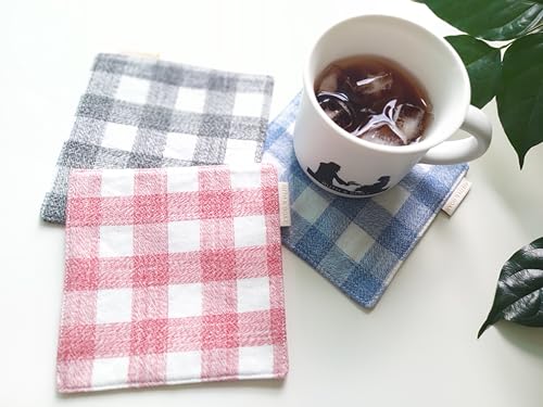 RUTH&BOAZ Plaid, Embroidery 100% Cotton Fabric Coasters for Drinks and Home Dinners/Set of 6/4" Square (Block RED) - color: Block Red