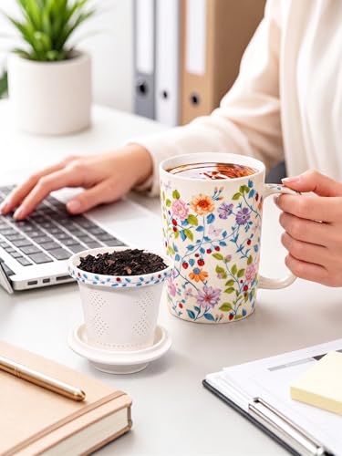 Ceramic Tea Mug with Infuser and Lid,16oz Floral Loose Leaf Tea Cup - color: Vibrant Floral