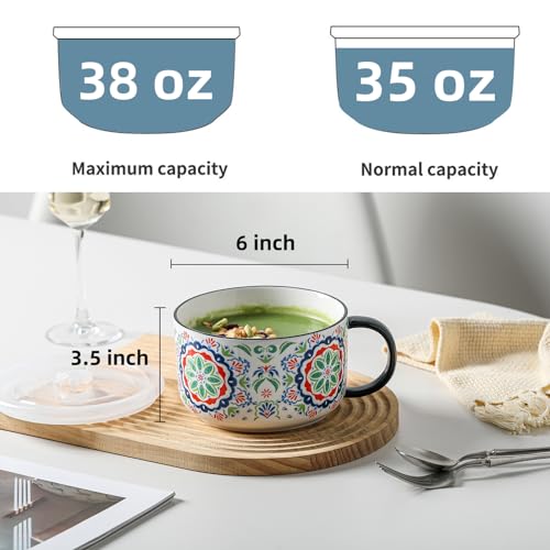 Jumbo Ceramic Soup Bowl with Lid, Microwave Safe - Pattern A - color: Pattern A, size: Set of 1